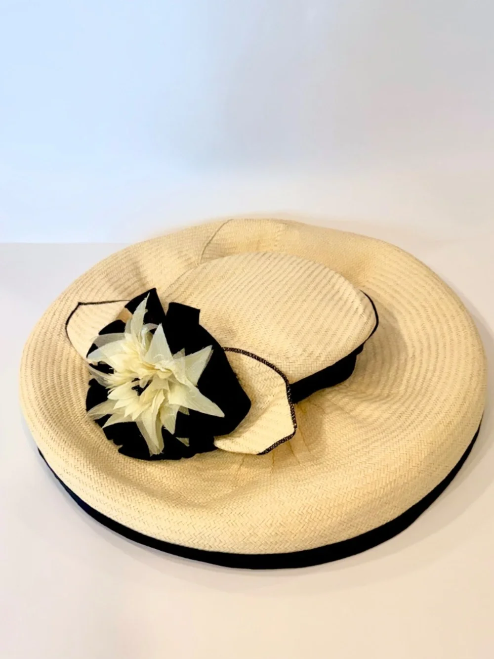 Vintage, Woman's Extra Wide Brim Formal Straw Hat, Head Size S, Floral & Bow